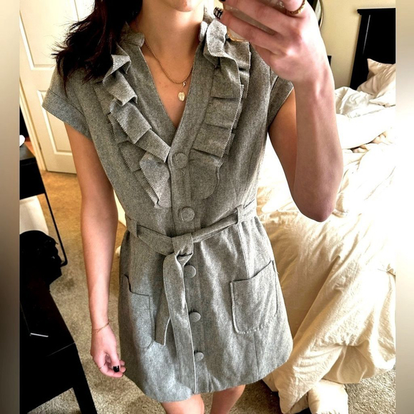 Anthropologie Dresses & Skirts - Anthropologie Tabitha Gray Wool Blend Ruffle Belted Dress